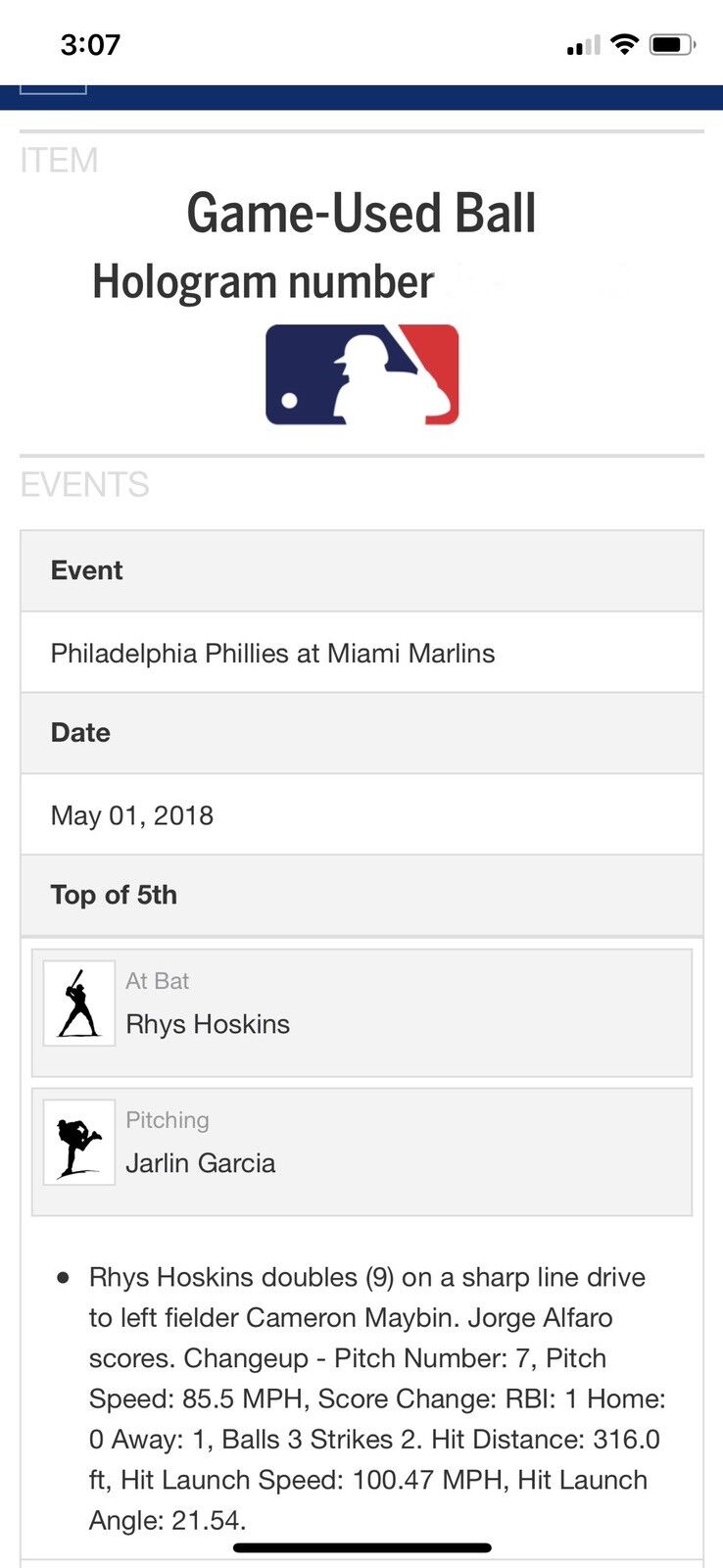 Rhys Hoskins MLB Game used Double RBI Baseball Career Double #16 Career Hit #71