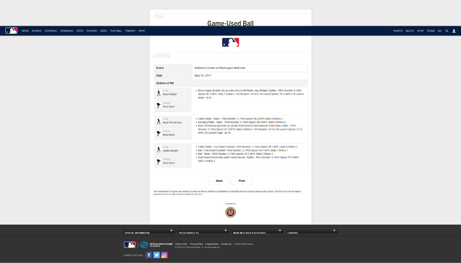 Bryce Harper MLB Game Used Double 5/10/17 Hit #693 Career Double #131 Phillies