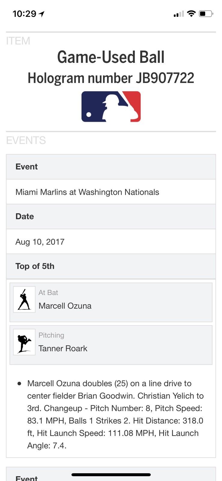 Marcell Ozuna Autographed MLB Game Used Double 8/28/17 Double # 118 Hit # 623