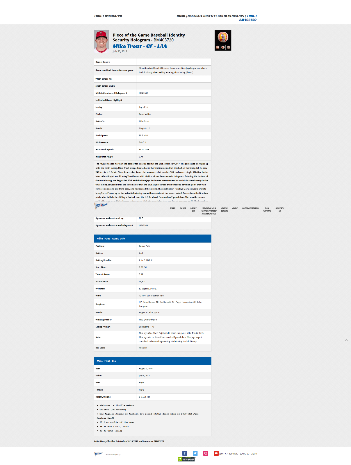 Mike Trout Baseball Authenticated Masterpieces Game-Used, Autographed Baseball