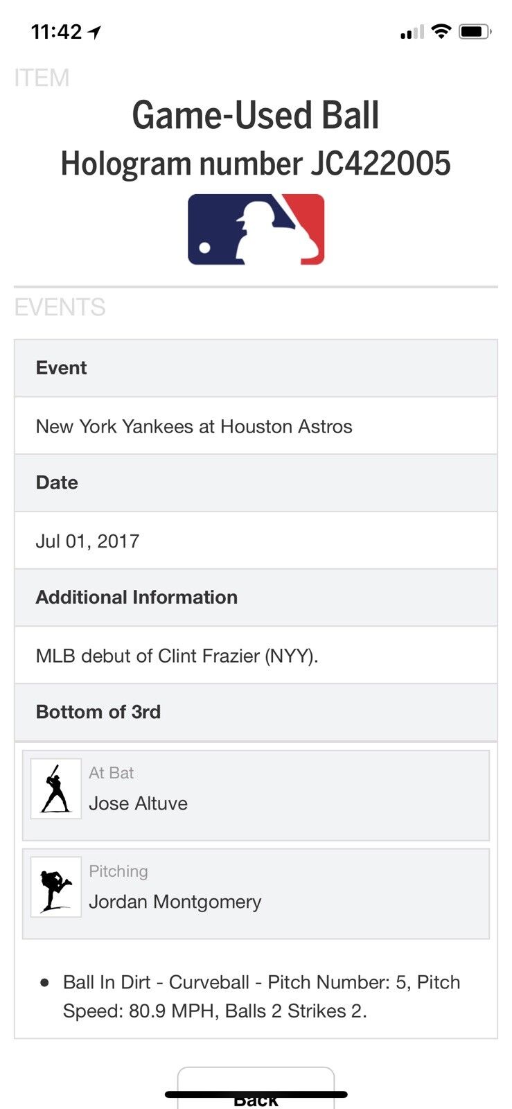 Clint Frazier MLB Debut Game Used Autographed and Inscribed Baseball 7/1/17