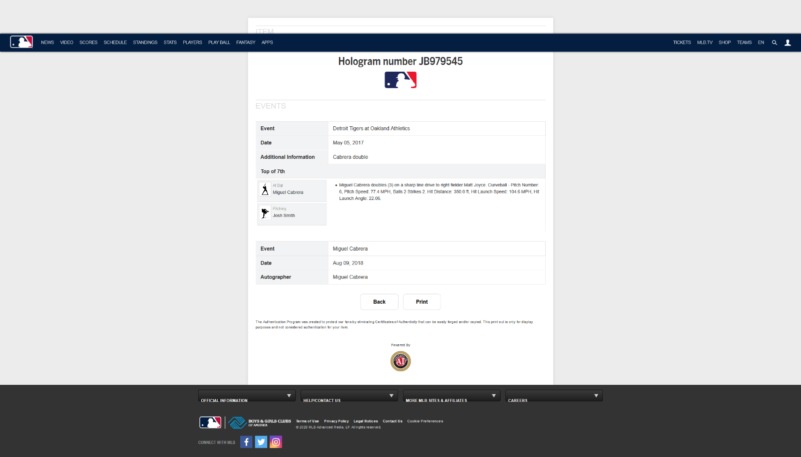 Miguel Cabrera MLB Game Used Double Autographed Baseball Career Hit #2538 Tigers