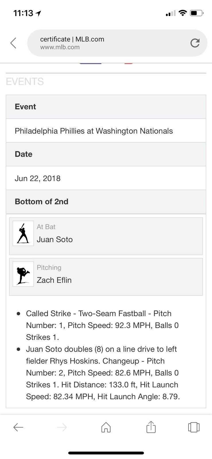 Juan Soto MLB Game Used Double Signed Baseball 6/22/18 Career Hit #31 Double #8