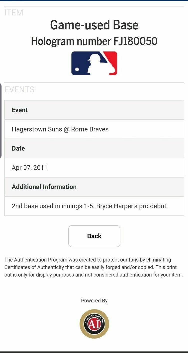 Bryce Harper MLB Authenicated Game Used First ever Stolen Base Pro Debut