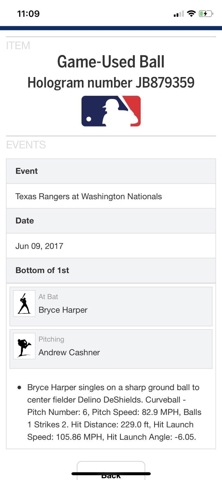 Bryce Harper MLB Game Used Single 6/9/17 Hit #714 Rangers vs Nationals Phillies