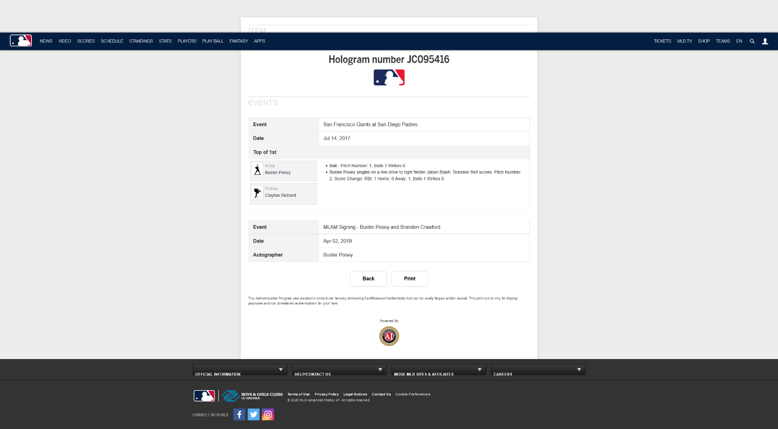 Buster Posey MLB Game Used Single, RBI Autographed Baseball Hit #1015 Giants