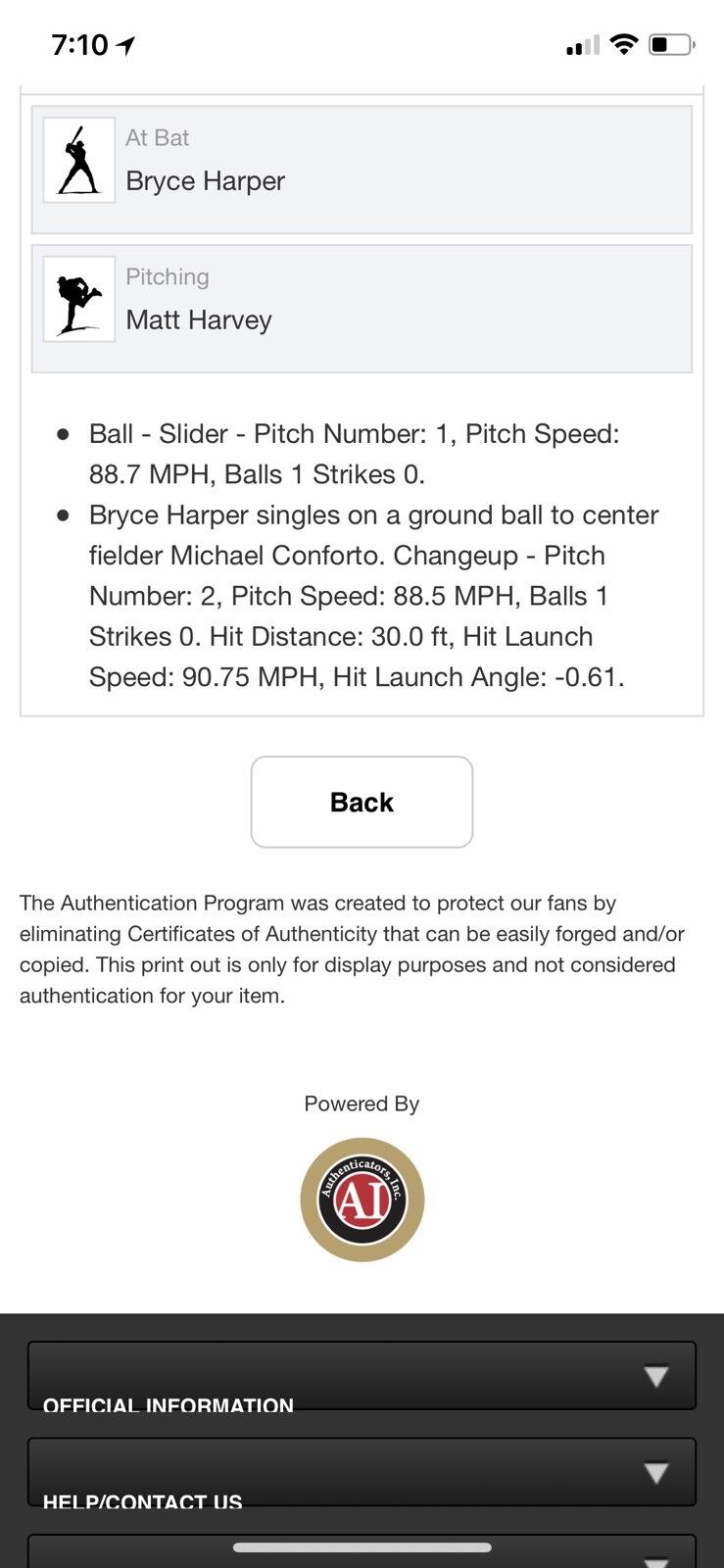 Bryce Harper MLB Game Used Single 4/8/18 Hit #792 3 Player Ball Mets vs National