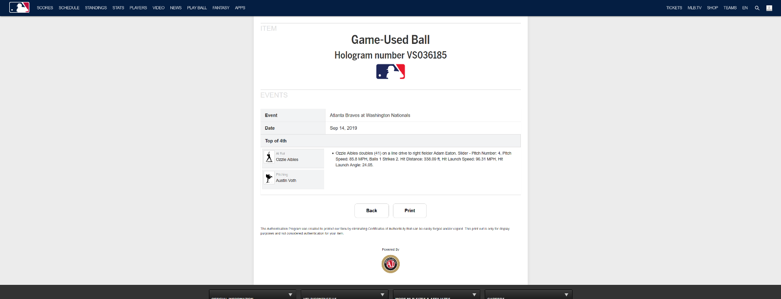 Ozzie Albies MLB Game Used Double Baseball 9/14/19 Career Hit #404 Braves