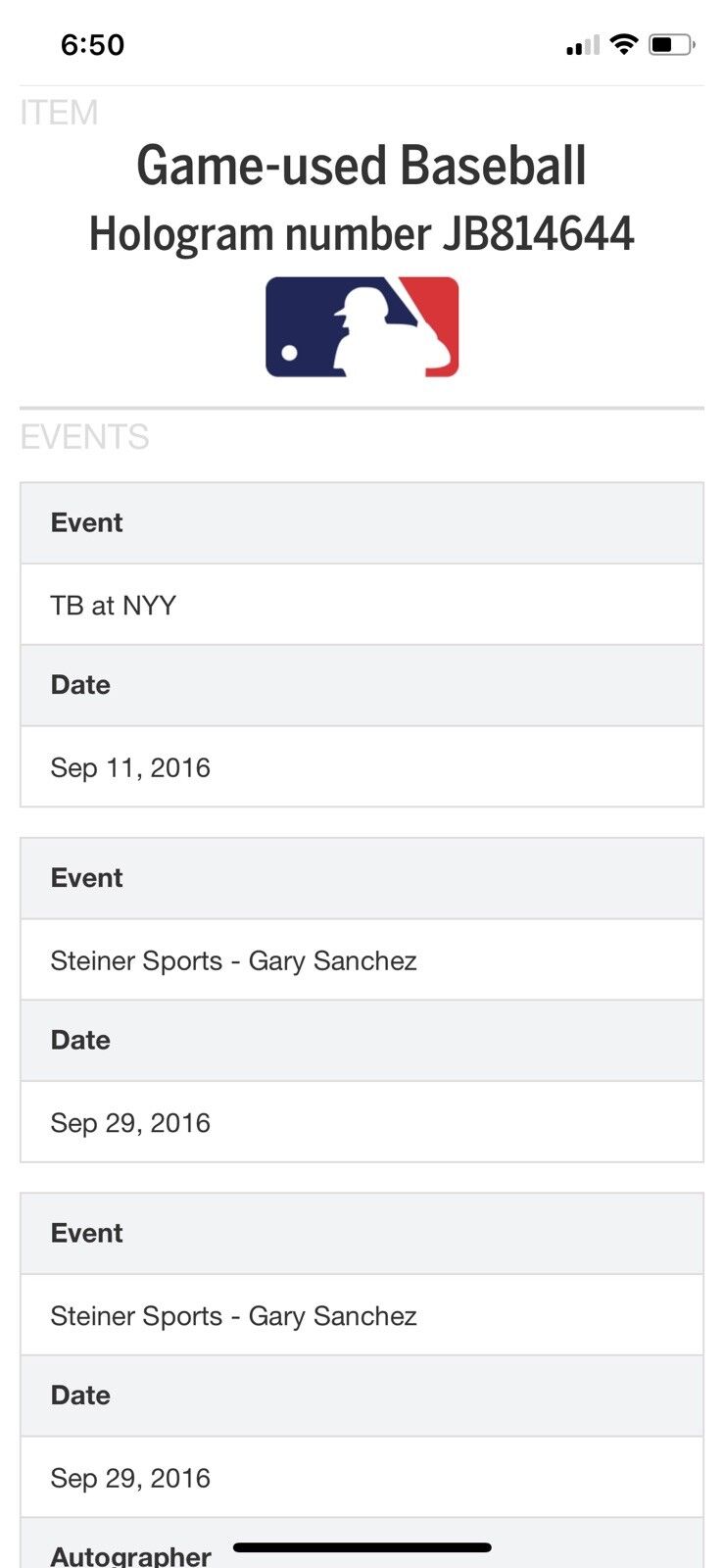 Gary Sanchez Game Used Baseball Rookie Year Autographed Baseball 9/11/16