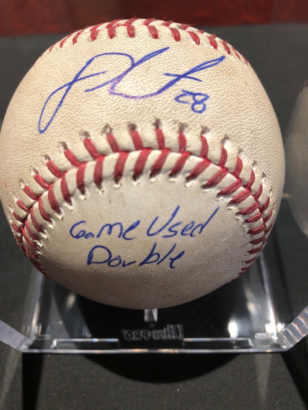 JD Martinez Redsox MLB Game Used Double Inscribed Autographed Baseball 8/16/16