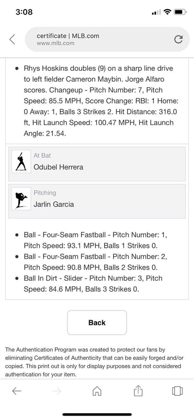 Rhys Hoskins MLB Game used Double RBI Baseball Career Double #16 Career Hit #71