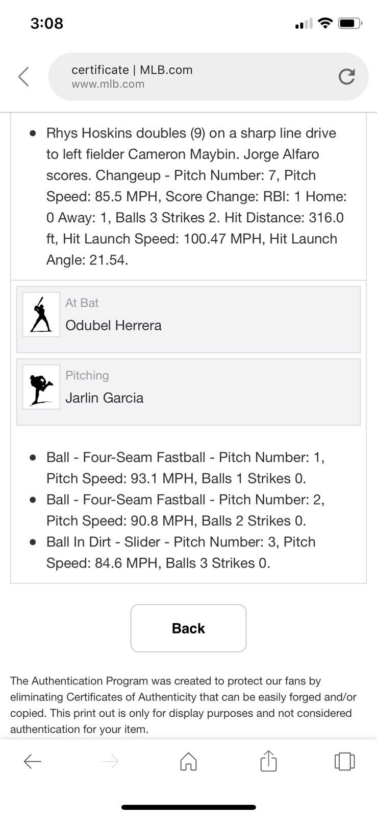 Rhys Hoskins MLB Game used Double RBI Baseball Career Double 