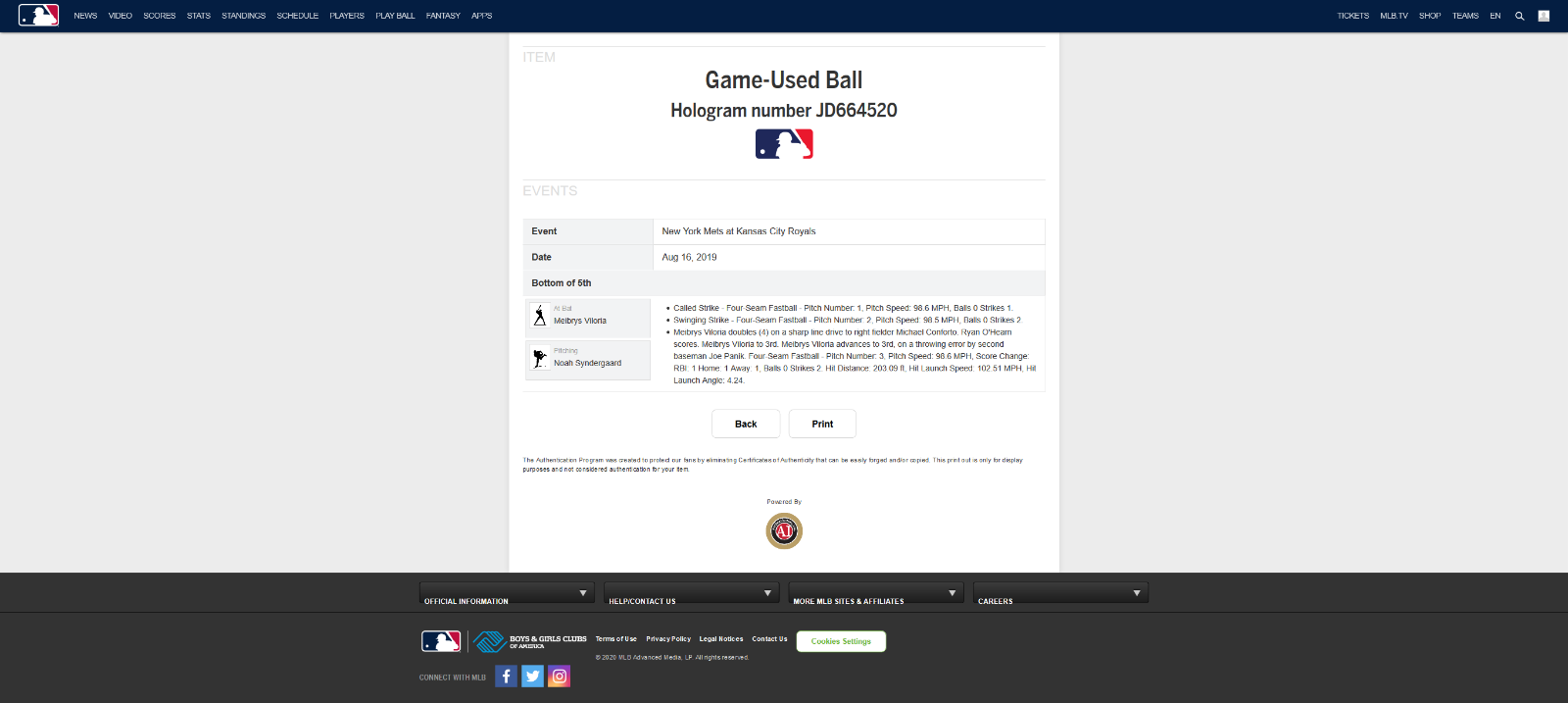 Meibrys Viloria MLB Game Used Double Baseball 8/16/19 Career Hit #20 Royals