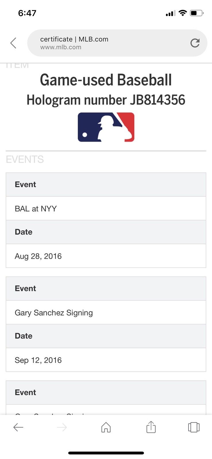 Gary Sanchez Game Used Baseball Rookie Year Autographed Baseball 8/28/16