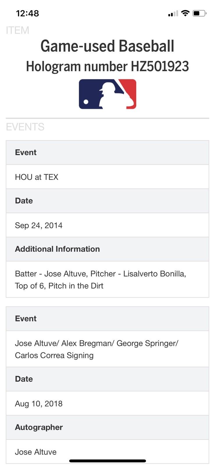 Jose Altuve MLB Game Used Autographed Baseball 9/24/14 Houston vs Texas