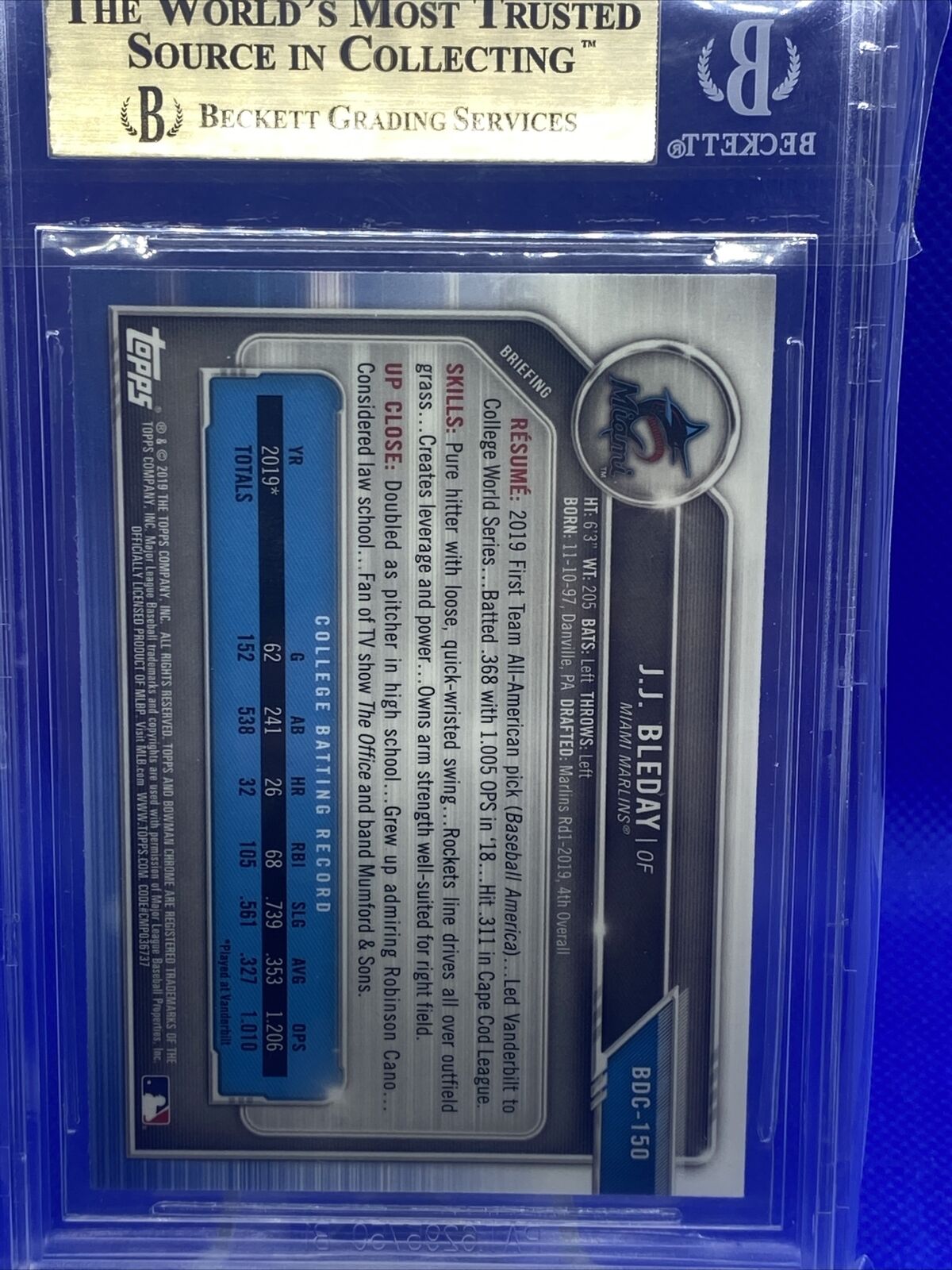 2019 Bowman Draft Sapphire JJ Bleday BDC-150 Marlins Bowman 1st BGS 9.5 Gem Mint