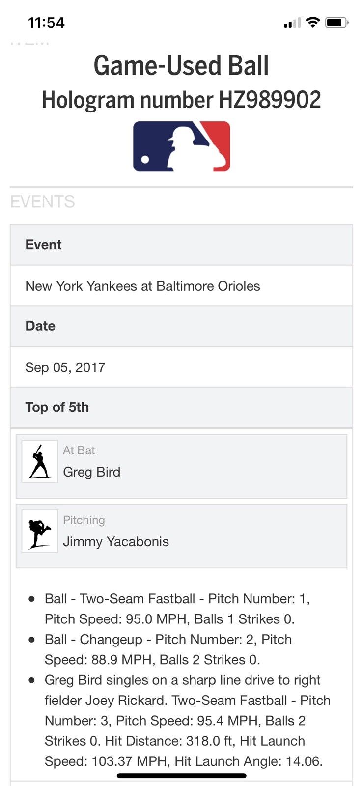 Greg Bird MLB Game Used Single Signed Logo Baseball 9/5/17 Career Hit #55