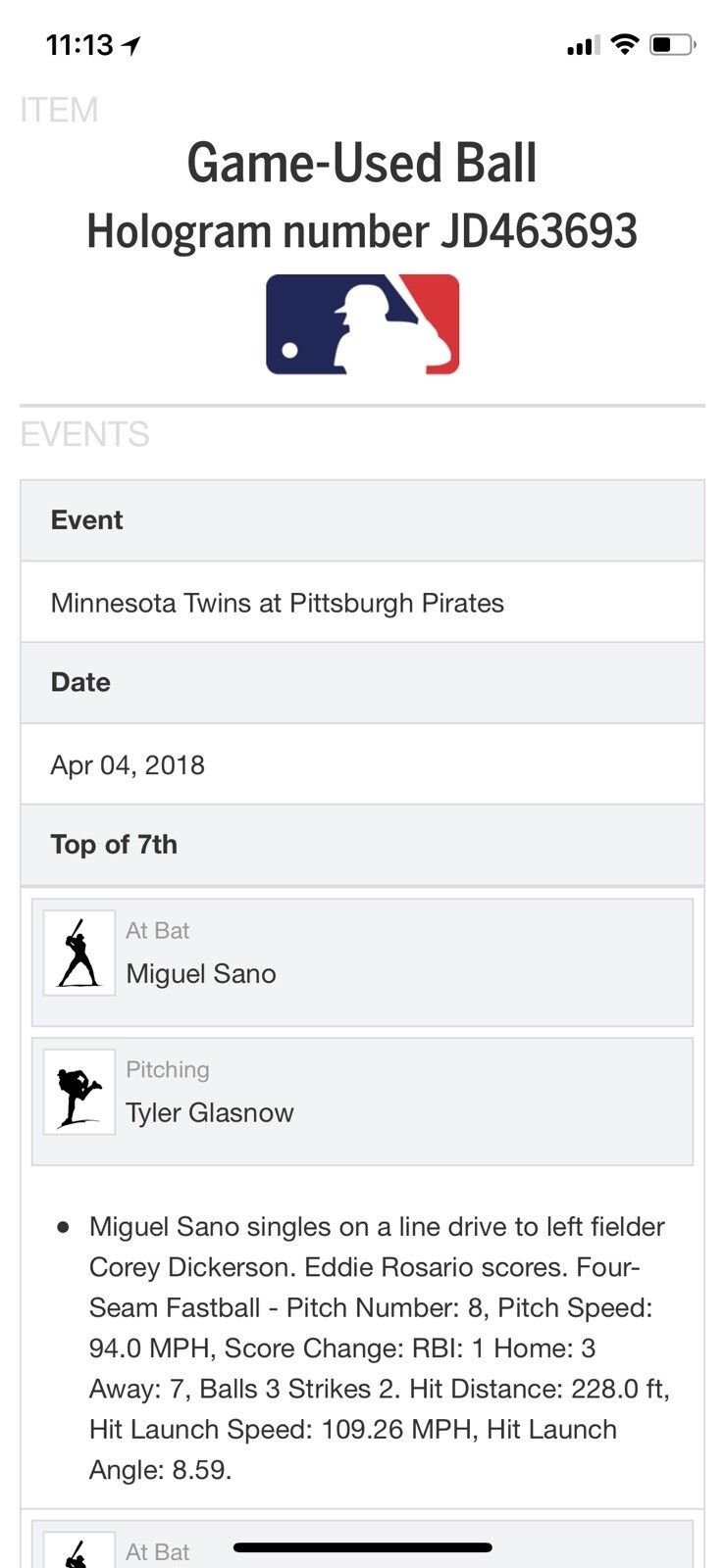 Miguel Sano MLB Game Used Single RBI 4/4/18 Hit # 296 RBI# 200