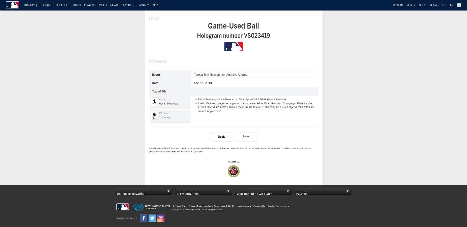 Austin Meadows MLB Game Used Single Baseball 9/14/19 Career Hit #192 Tampa Rays