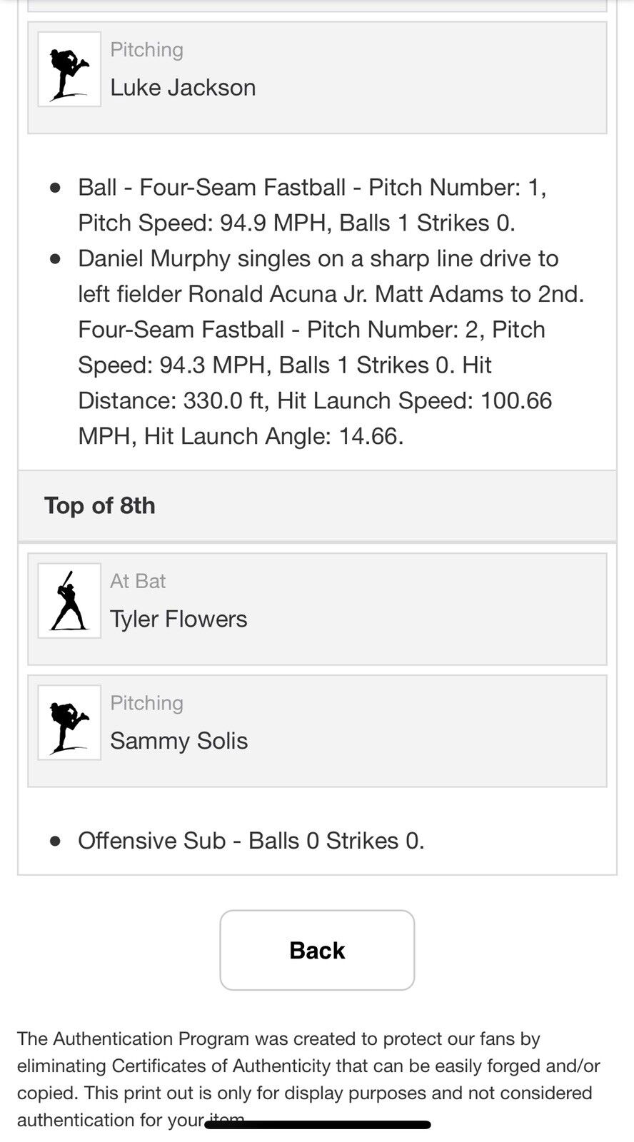 Juan Soto MLB Game Used Double to Acuna Jr Signed Baseball 7/22/18 Double #12