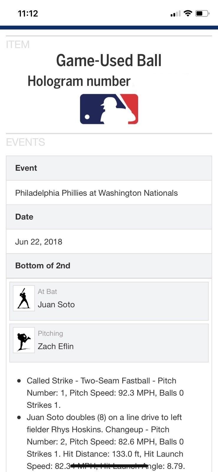 Juan Soto MLB Game Used Double Signed Baseball 6/22/18 Career Hit #31 Double #8