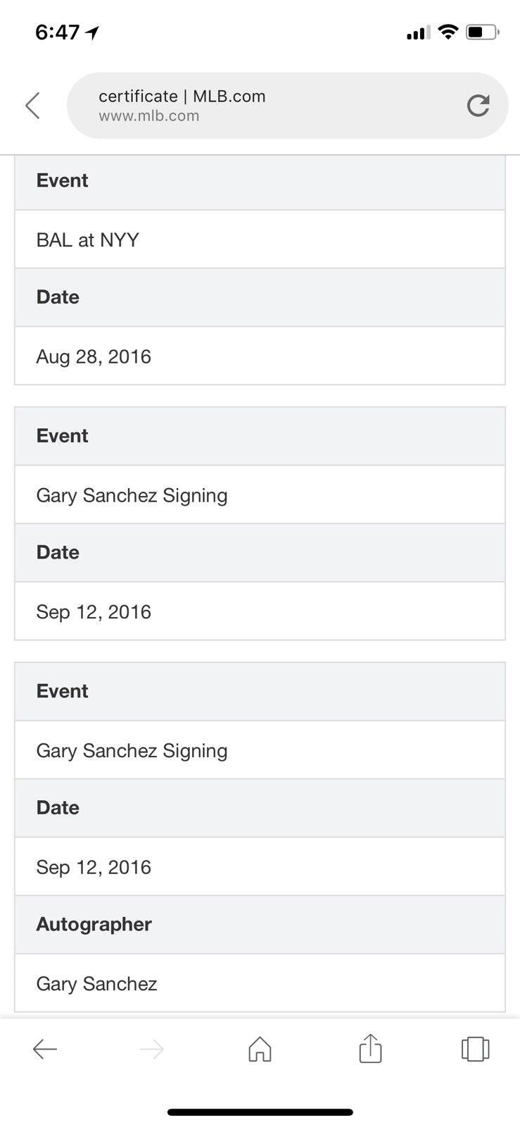 Gary Sanchez Game Used Baseball Rookie Year Autographed Baseball 8/28/16