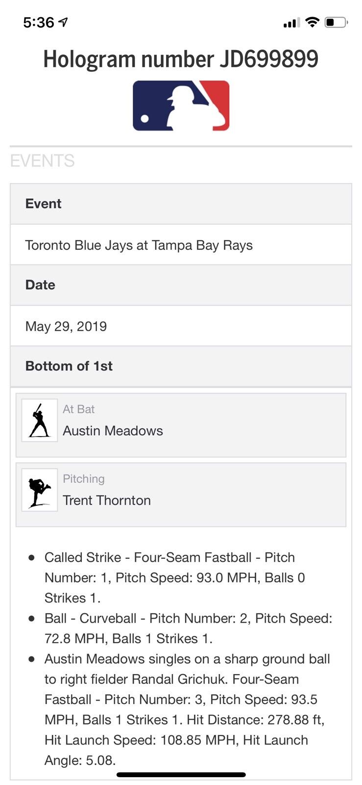 Austin Meadows MLB Game Used Single Baseball 5/29/19 Career Hit #100 Tampa Rays