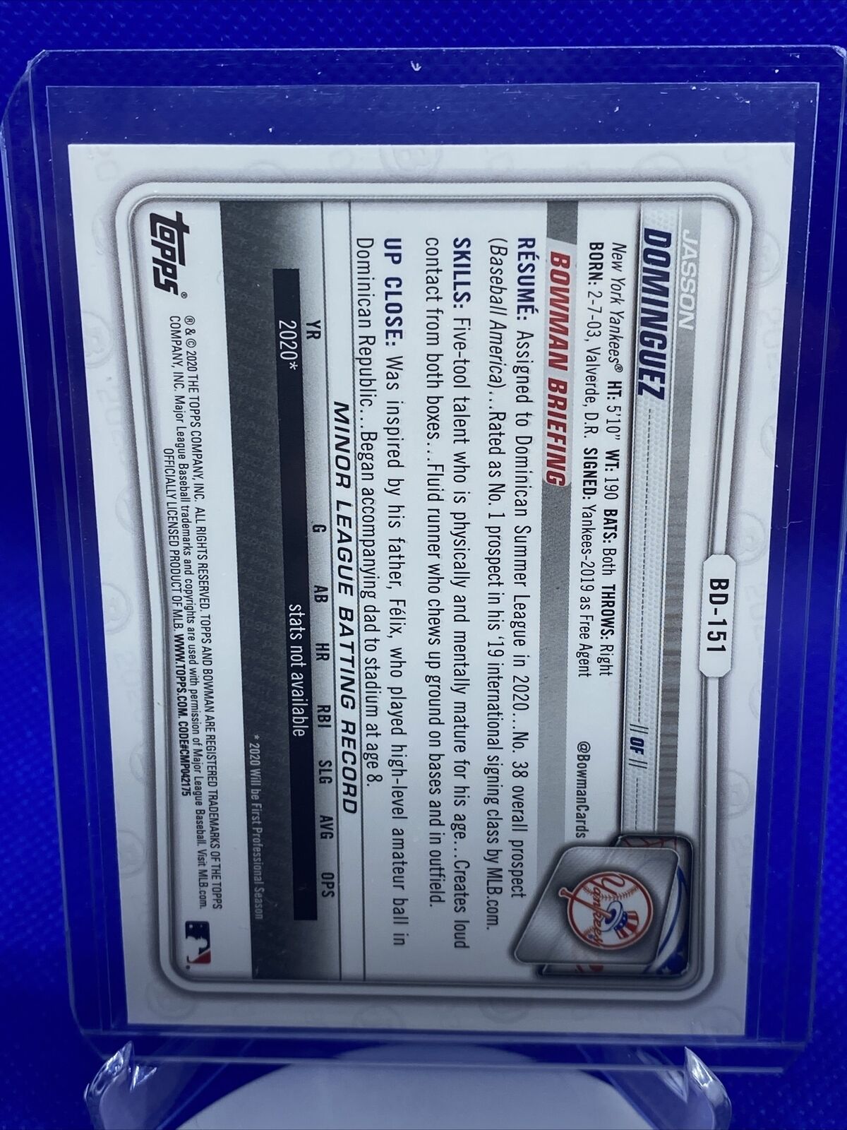 Jasson Dominguez 2020 Bowman Draft Base Paper #BD-151