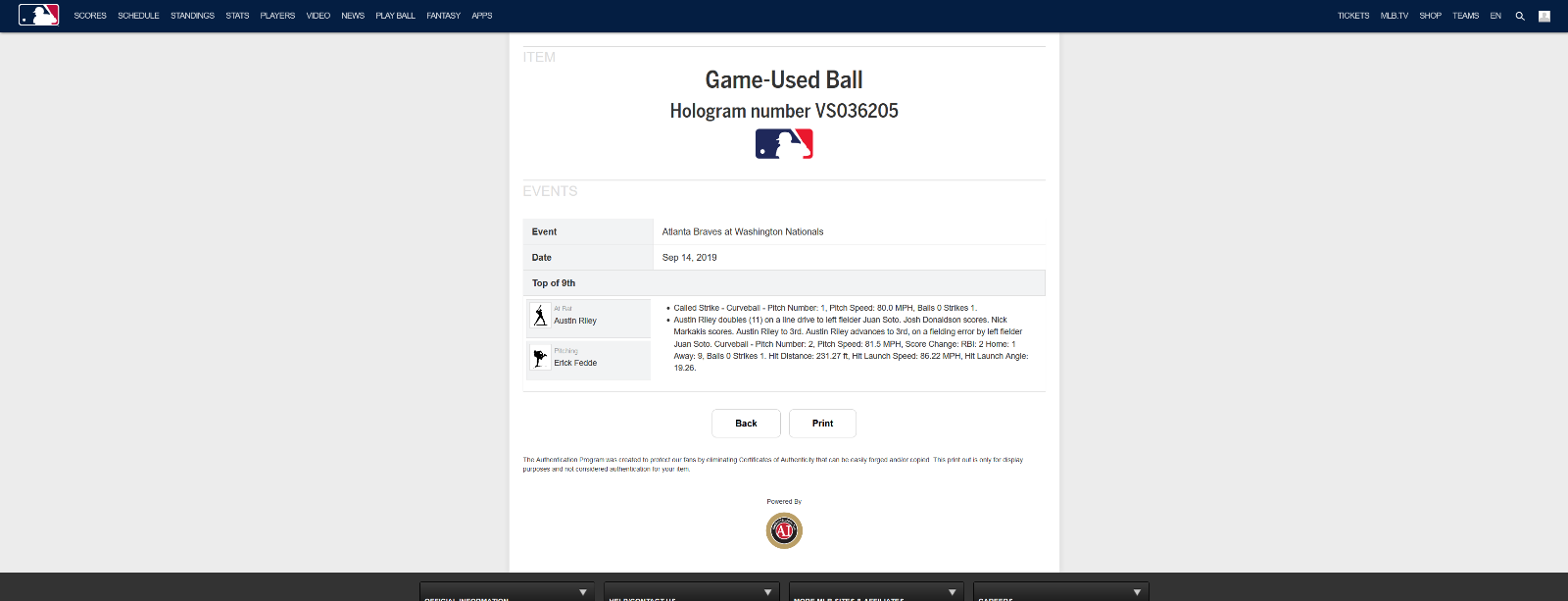 Austin Riley MLB Game Used Double 2 RBI Baseball 9/14/19 Career Hit #59 Braves