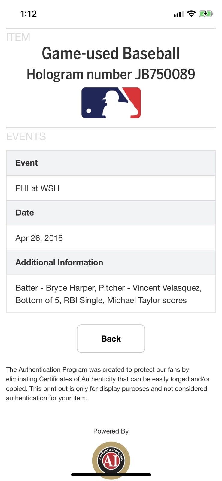 Bryce Harper MLB Game Used Single RBI 4/26/16 Hit #549 Phillies vs Nationals