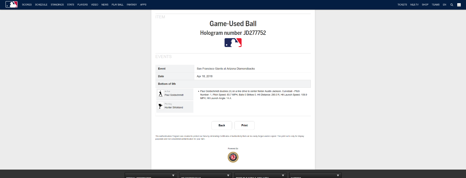 Paul Goldschmidt MLB Game Used Double Autographed Ball 4/18/18 Career Hit #1025