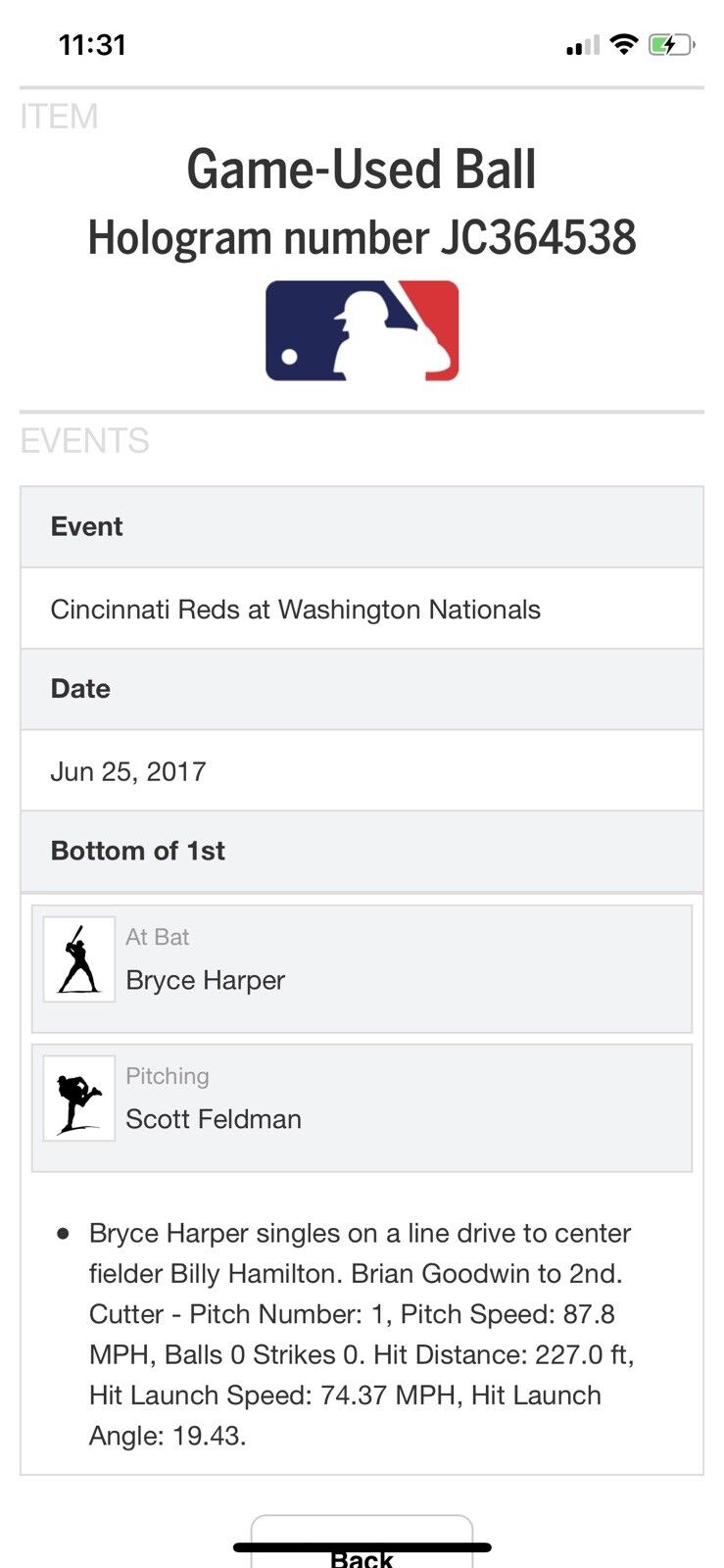 Bryce Harper MLB Game Used Single 6/25/17 Hit #730 Reds vs Nationals, Phillies
