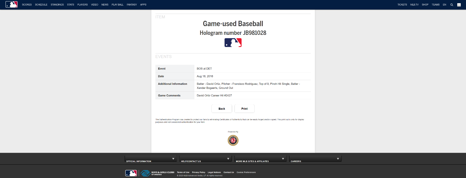 David Ortiz MLB Game Used Single Autographed Ball 8/18/16 Career Hit #2427