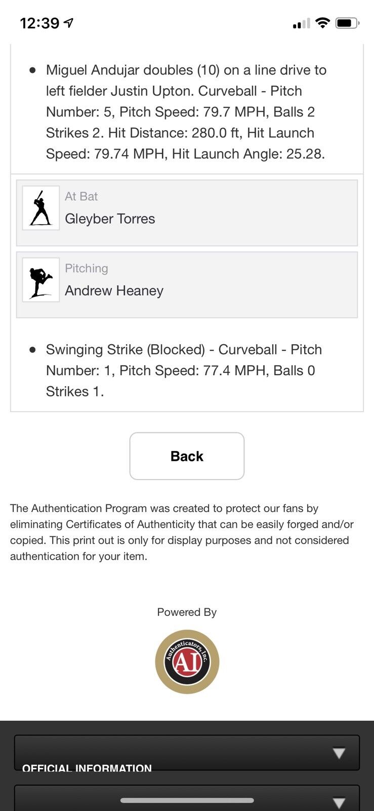 Miguel Andujar MLB Game Used Double #10 Autographed Baseball 4/27/18