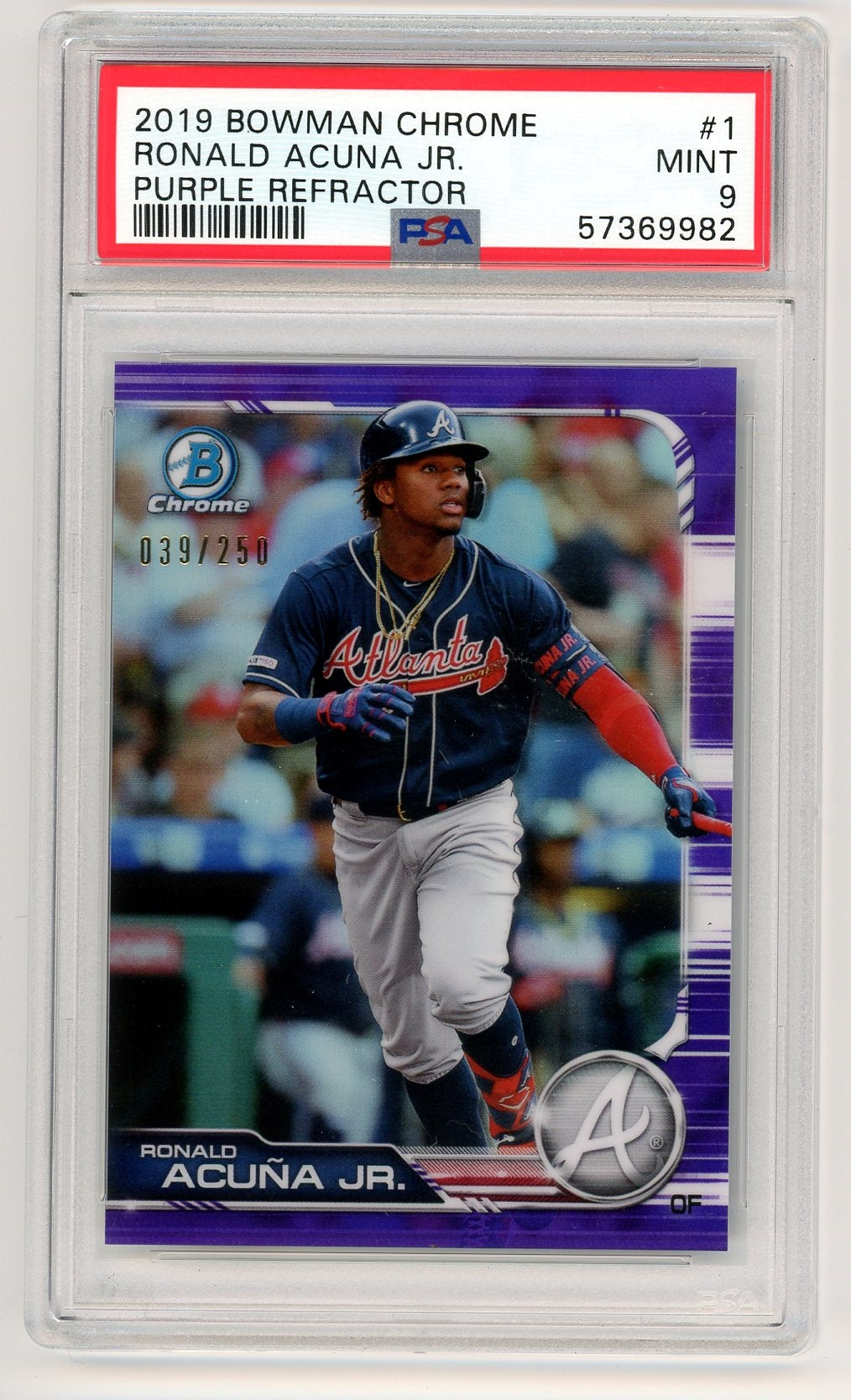 Ronald Acuna Jr. 2019 Bowman Chrome Purple Refractor #'d 039/250 PSA 9