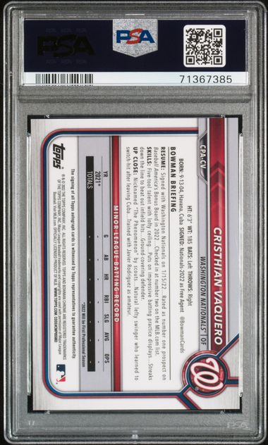 Cristhian Vaquero 2022 Bowman Chrome Prospect Autograph PSA 9