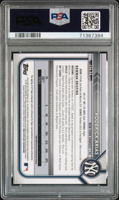 Roderick Arias 2022 Bowman Chrome Prospect Autograph PSA 9