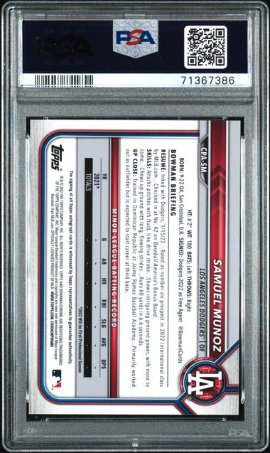 Samuel Munoz 2022 Bowman Chrome Prospect Auto HTA Choice Ref #'d 130/150 PSA 10