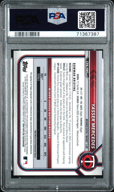 Yasser Mercedes 2022 Bowman Chrome Prospect Auto HTA Choice Ref #'d 098/150 PSA 10