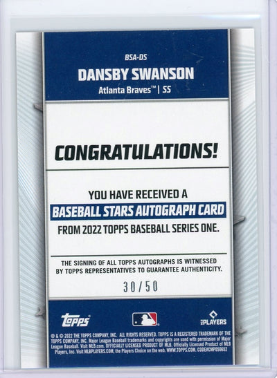 Dansby Swanson 2022 Topps Series 1 Baseball Stars autograph #'d 30/50