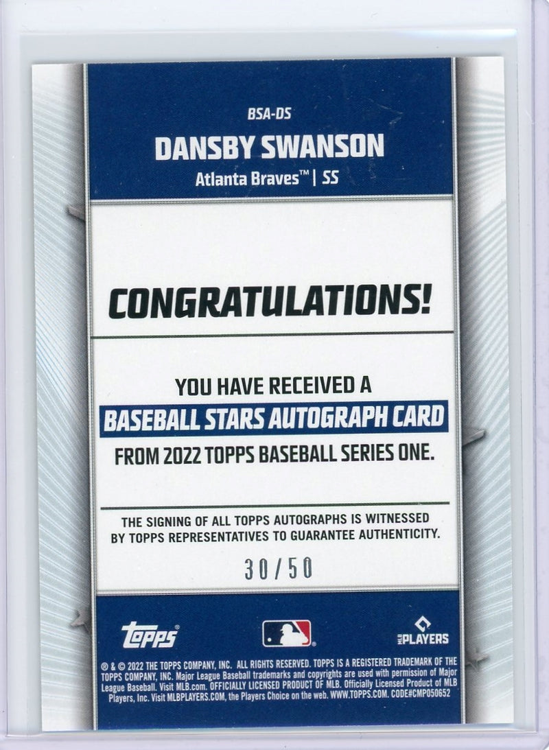 Dansby Swanson 2022 Topps Series 1 Baseball Stars autograph 