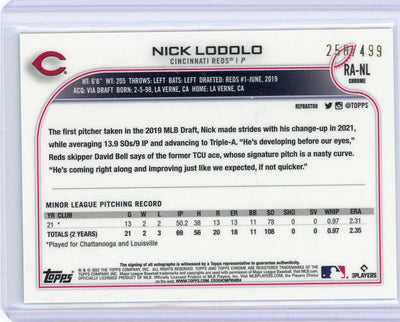 Nick Lodolo 2022 Topps Chrome refractor autograph rookie card #'d 258/499