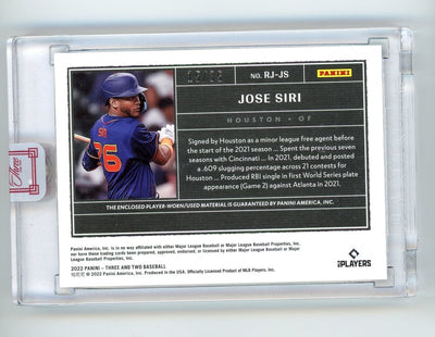 Jose Siri 2022 Panini Three & Two 3-color relic rookie card #'d 15/35