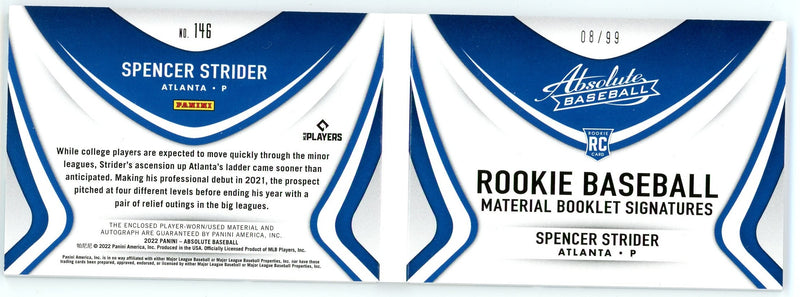 Spencer Strider 2022 Panini Absolute Rookie Baseball Material Booklet Signatures 