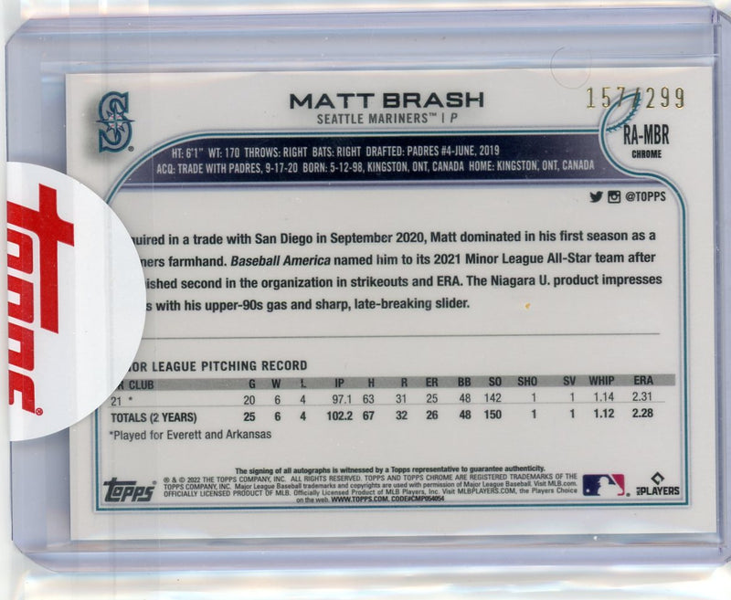 Matt Brash 2022 Topps Chrome Purple Mini Diamond refractor autograph rookie card 