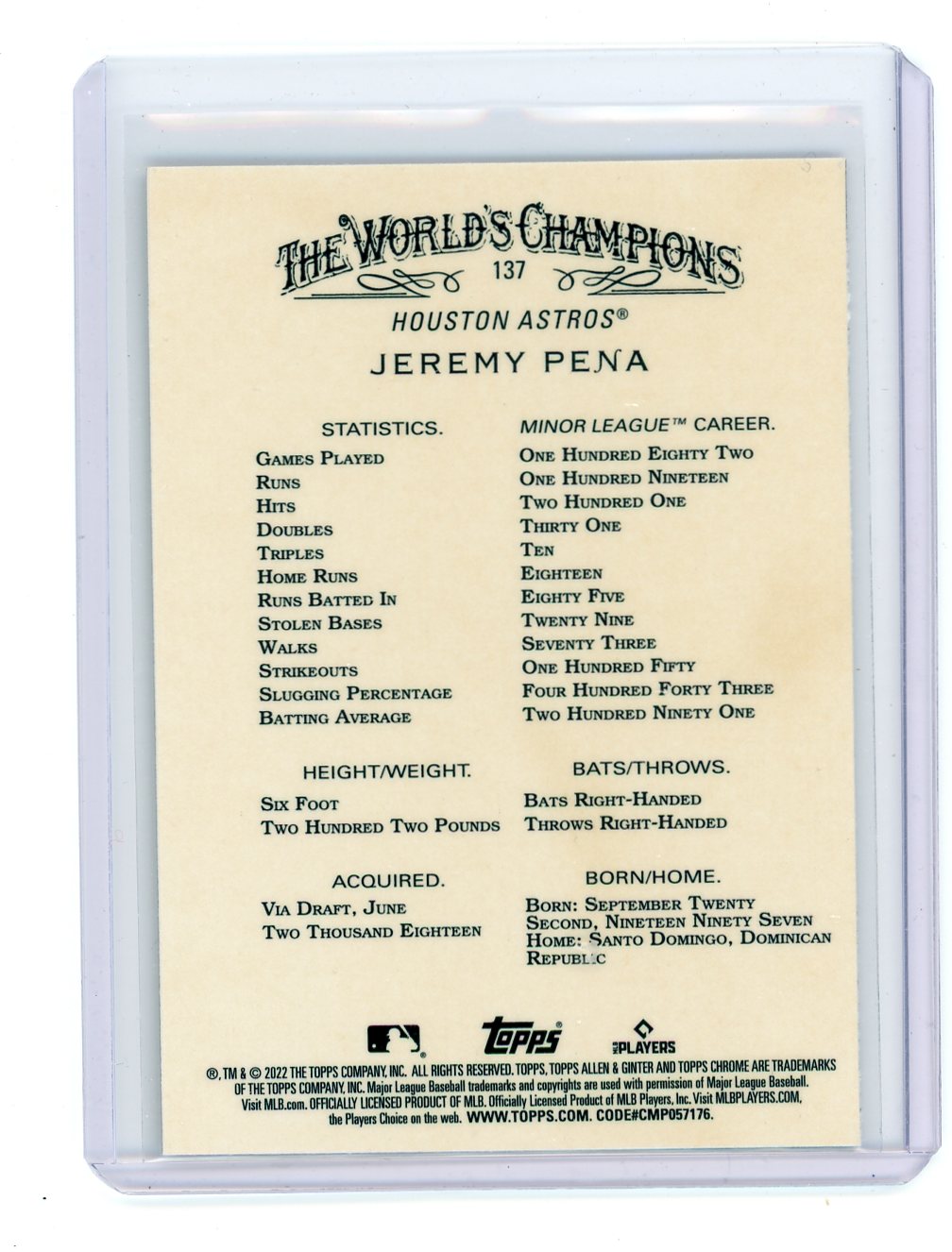 Jeremy Pena 2022 Topps Chrome Allen & Ginter Rookie Card