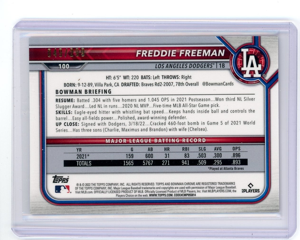 Freddie Freeman 2022 Bowman Chrome pink refractor #'d 049/299