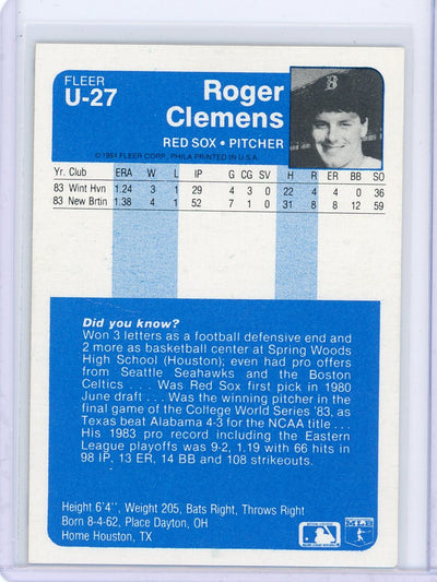 Roger Clemens 1984 Fleer #U-27 rookie card