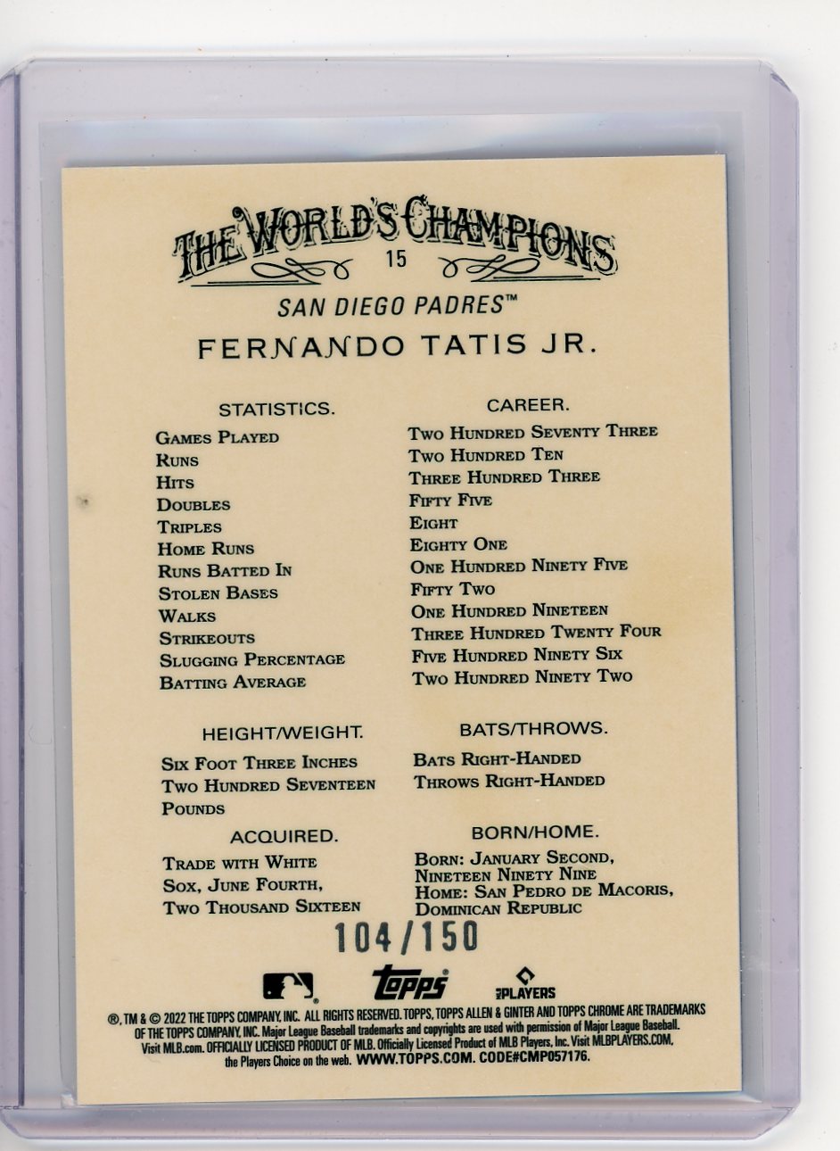 Fernando Tatis Jr. 2022 Topps Chrome Allen & Ginter Blue Refractor #'d 104/150