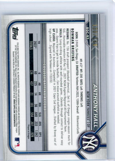 Anthony Hall 2022 1st Bowman Draft blue chrome refractor #'d 130/150